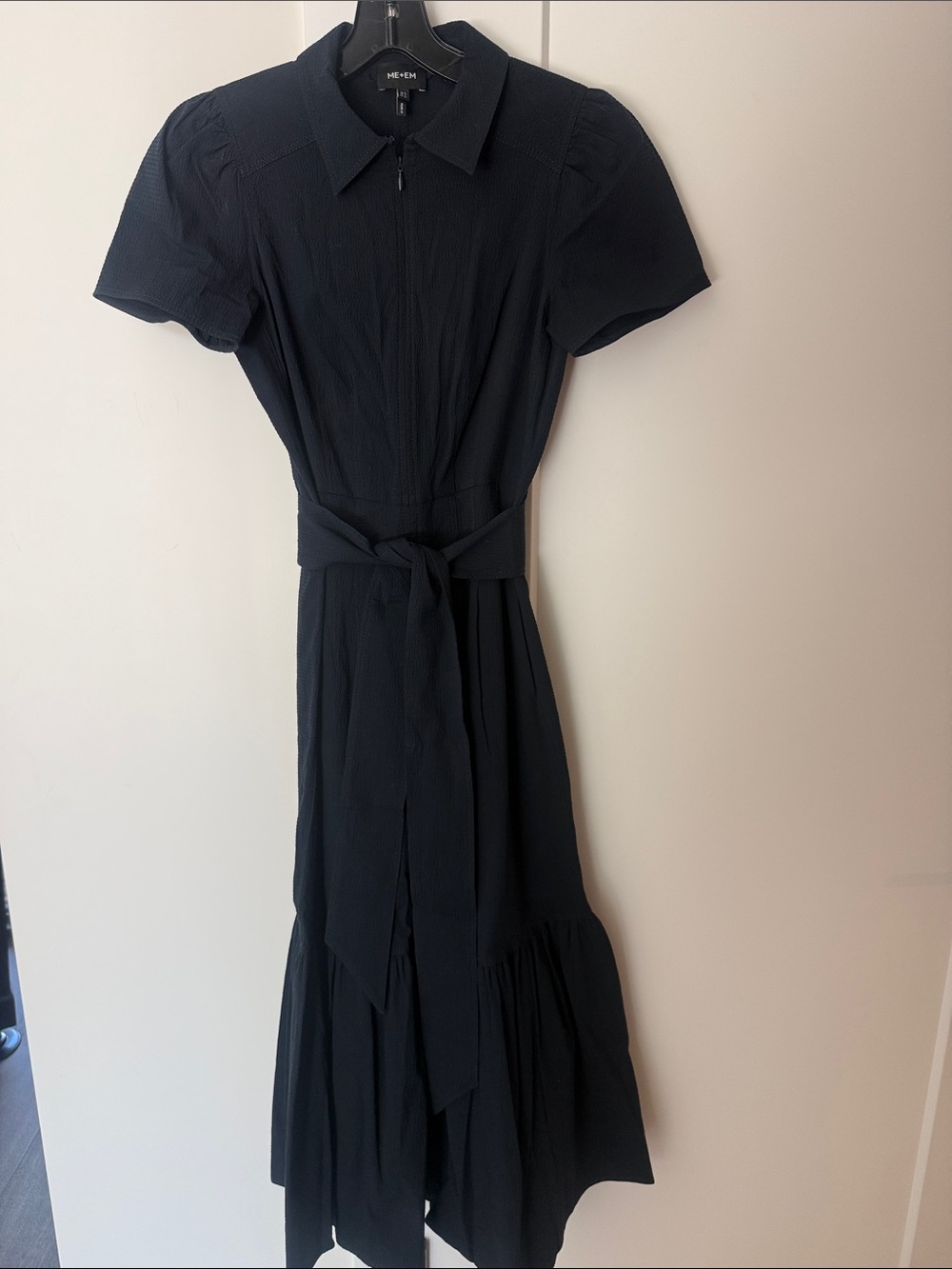 ME+EM Fit + Flare Midi Cotton Seersucker Dress Navy Blue Color size US 2 - Picture 3 of 9